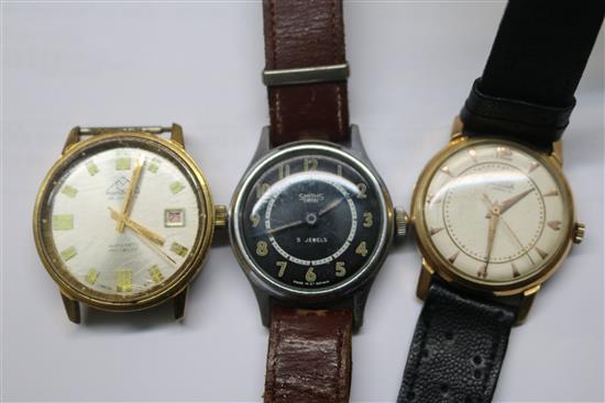 Ten assorted gentlemens wrist watches including, Baume, Roamer Avia and Junghans and a travelling watch.